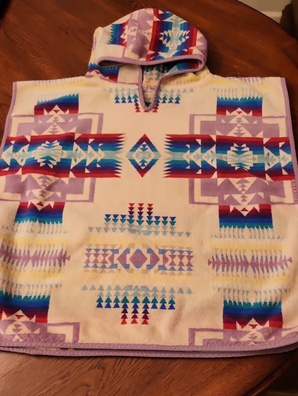 Pendleton Kids Cream Hooded Swim Poncho with Multicolor Aztec Print